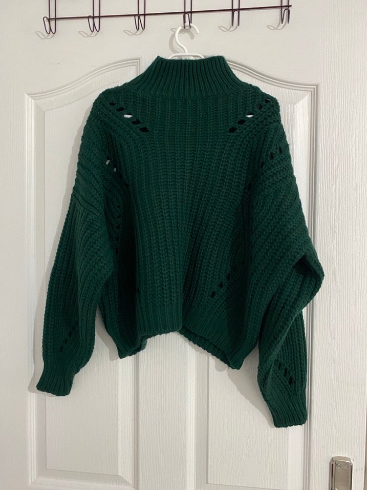 Kadın Bohem Stil Yeşil Triko Balıkçı Yaka Kazak - Görsel 2