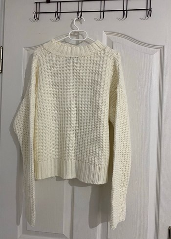 Beyaz Örgü Rahat Kesim Kadın Kazak - Görsel 2