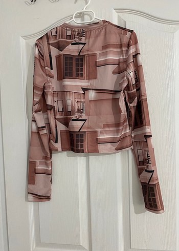 Uzun Kollu Baskılı Krem Crop Bluz - Görsel 3