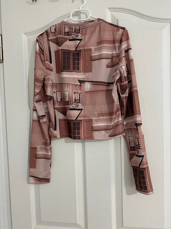 Uzun Kollu Baskılı Krem Crop Bluz - Görsel 3