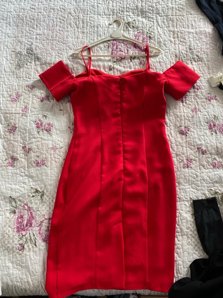 Kırmızı Straplez Midi Elbise - Görsel 2