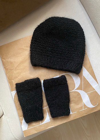 Siyah Örgü Kadın Bere ve Eldiven Seti - Görsel 2