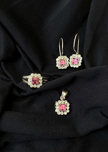 Pembe Taşlı Kadın Gümüş Takı Seti