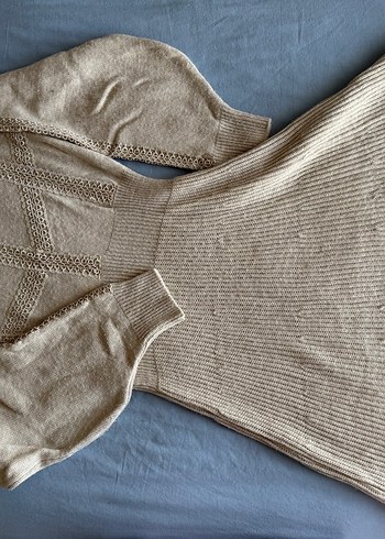 Bej Bohem Örgü Kadın Triko Elbise - Görsel 2