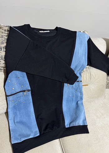 Kot detaylı taşlı sweat mevsimlik tunik - Görsel 4