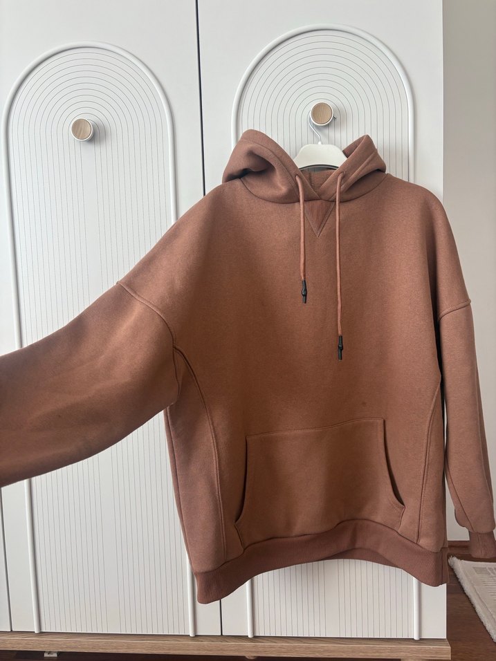 Kahverengi Kapüşonlu Rahat Sweatshirt - Görsel 3