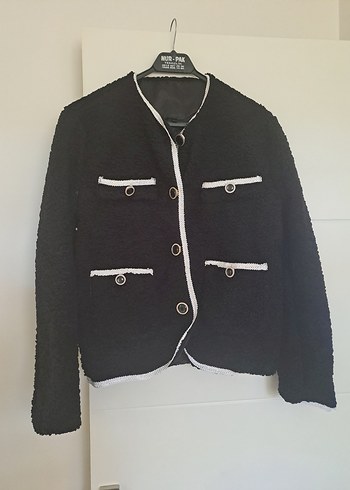 Düğmeli Siyah Kadın Mini Ceket kalıp genis - Görsel 2