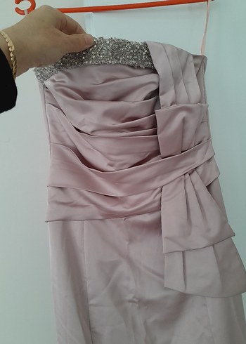 pudra pembesi Uzun Straplez Abiye Elbise - Görsel 3