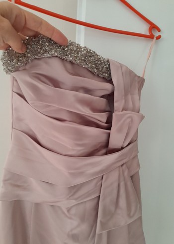 pudra pembesi Uzun Straplez Abiye Elbise - Görsel 5