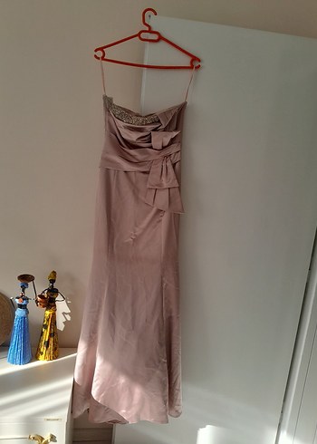 pudra pembesi Uzun Straplez Abiye Elbise - Görsel 8