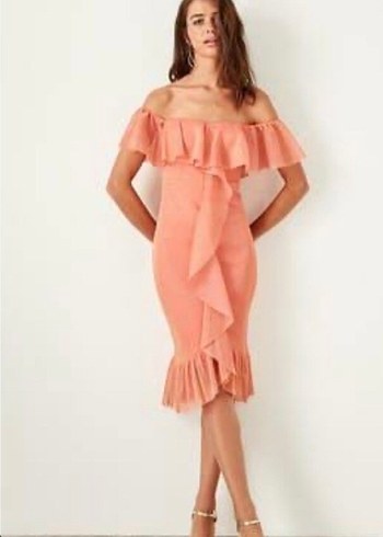 turuncu simli fırfırlı abiye elbise - Görsel 2