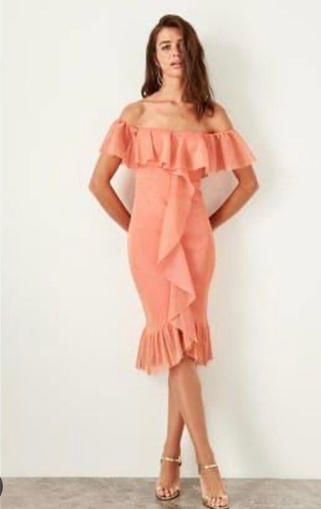 turuncu simli fırfırlı abiye elbise - Görsel 2