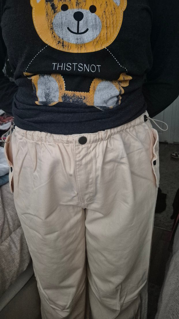 Düğmeli Bej Kadın Bol Kesim Midi Pantolon - Görsel 2