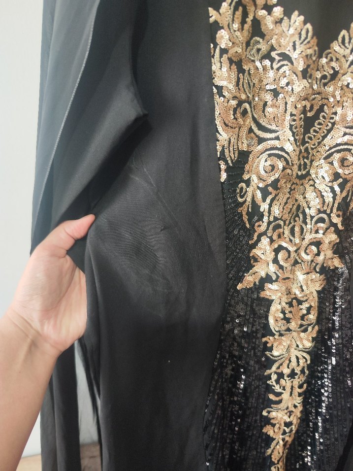 Siyah Uzun Kollu V Yaka Kadın Abiye Elbise - Görsel 2