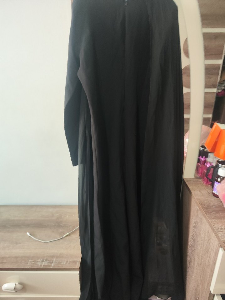 Siyah Uzun Kollu V Yaka Kadın Abiye Elbise - Görsel 3