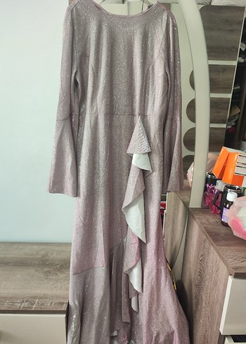 Pembe Parlak V Yakalı Uzun Kollu Abiye Elbise - Görsel 5