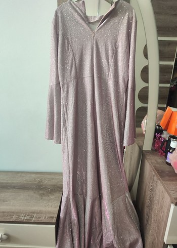 Pembe Parlak V Yakalı Uzun Kollu Abiye Elbise - Görsel 2