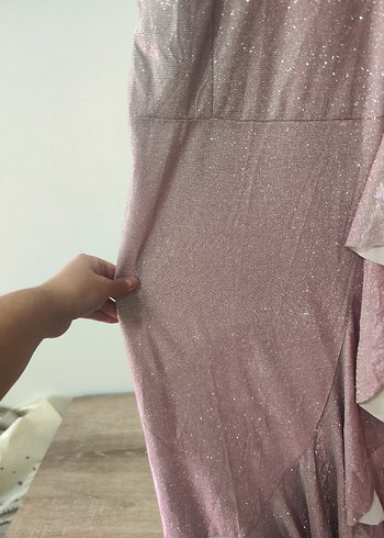 Pembe Parlak V Yakalı Uzun Kollu Abiye Elbise - Görsel 3