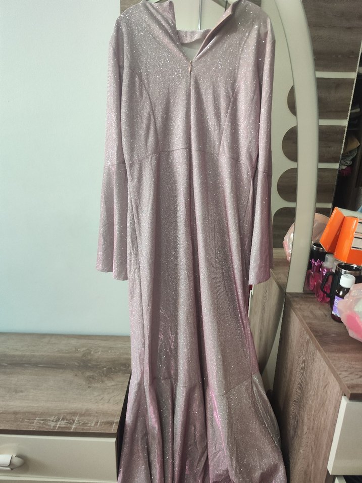 Pembe Parlak V Yakalı Uzun Kollu Abiye Elbise - Görsel 2