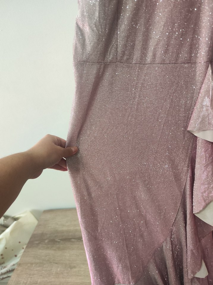 Pembe Parlak V Yakalı Uzun Kollu Abiye Elbise - Görsel 3