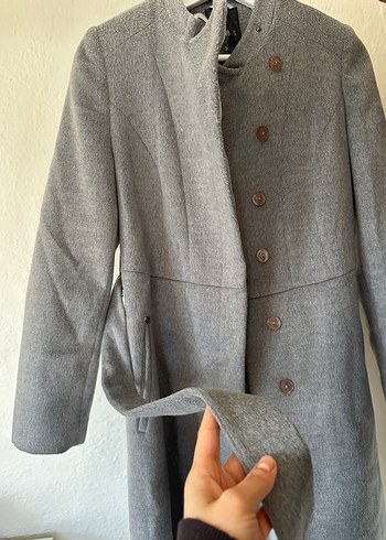 Düğmeli Gri Uzun Kadın Yün Kaban - Görsel 3