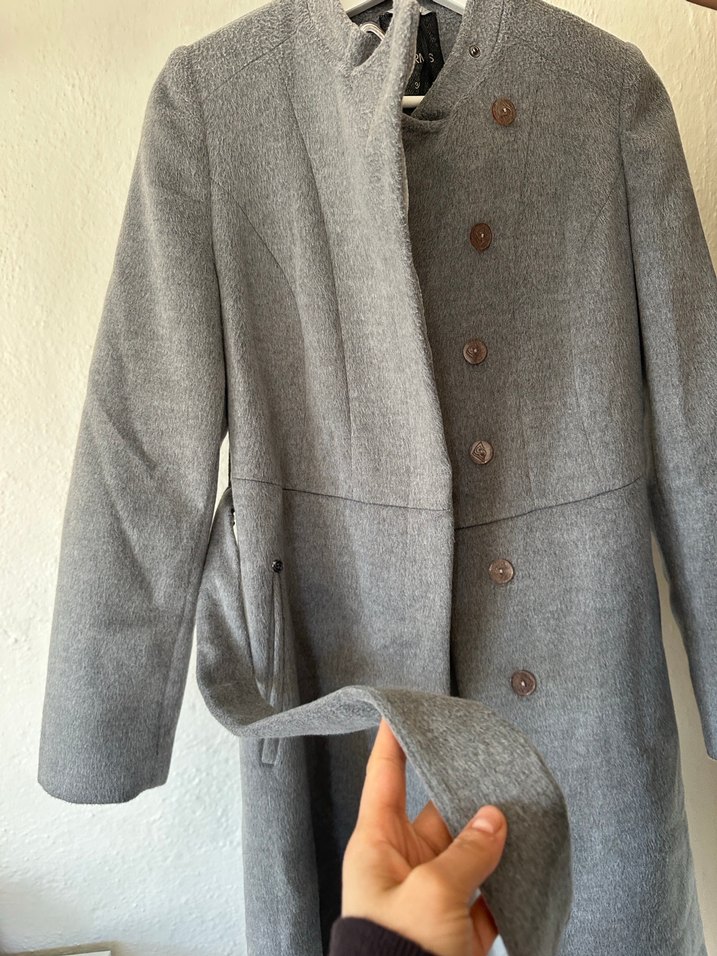 Düğmeli Gri Uzun Kadın Yün Kaban - Görsel 3