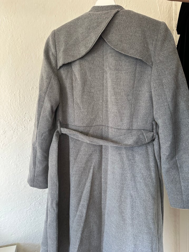 Düğmeli Gri Uzun Kadın Yün Kaban - Görsel 4