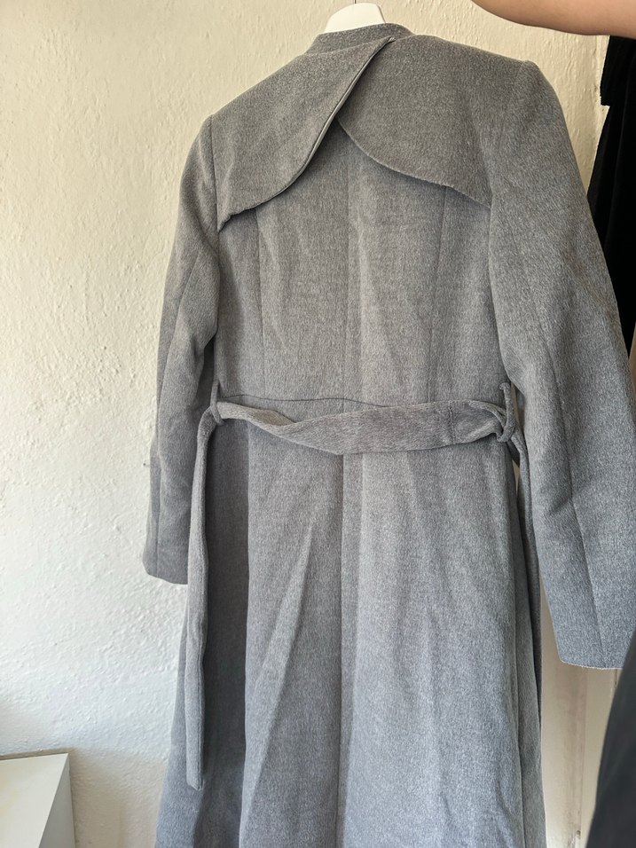 Düğmeli Gri Uzun Kadın Yün Kaban - Görsel 5