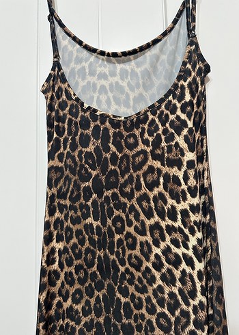 Kahverengi Leopar Desenli Uzun Askılı Elbise - Görsel 3