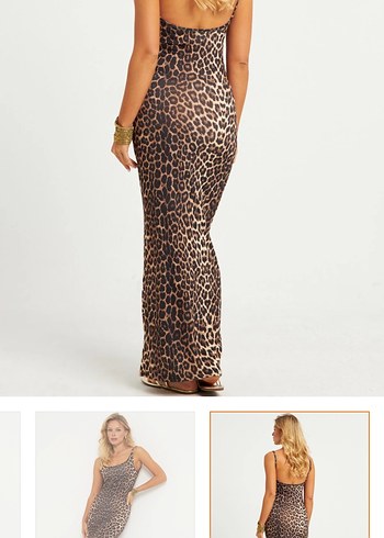 Kahverengi Leopar Desenli Uzun Askılı Elbise - Görsel 2