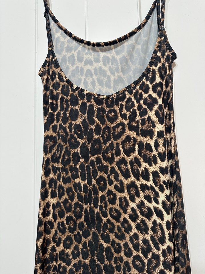 Kahverengi Leopar Desenli Uzun Askılı Elbise - Görsel 3