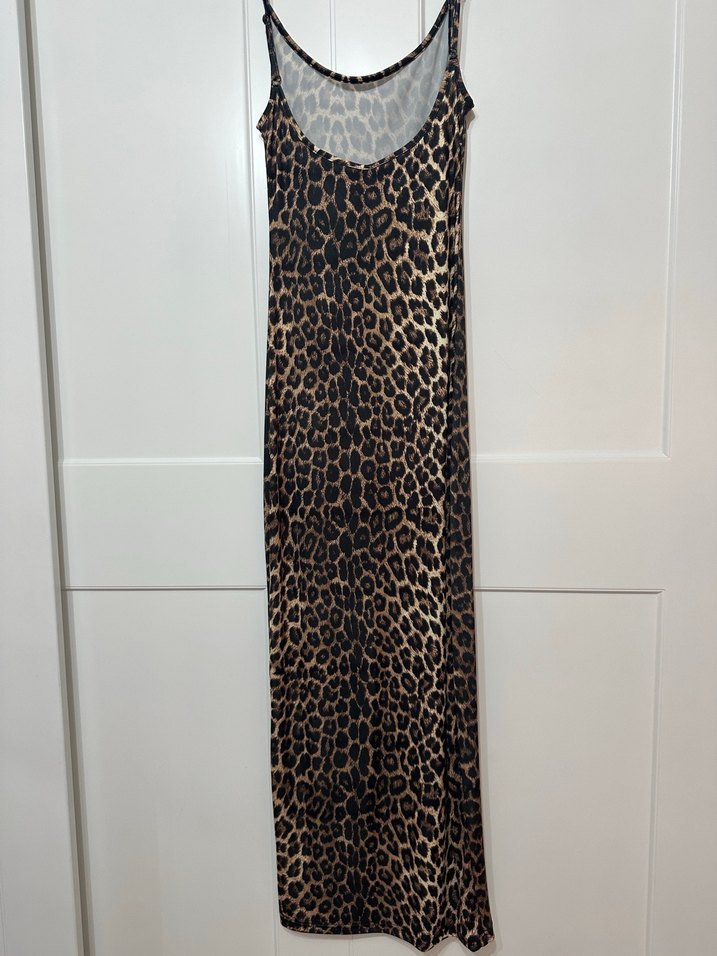 Kahverengi Leopar Desenli Uzun Askılı Elbise - Görsel 4