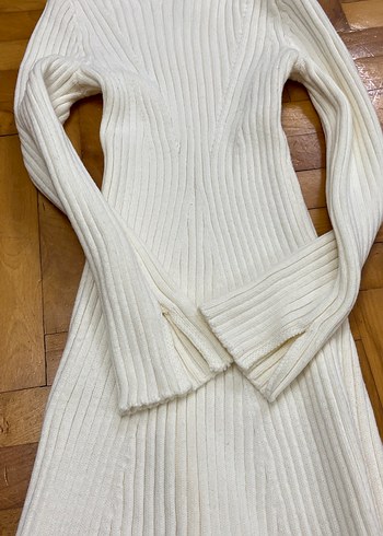 Beyaz Fitilli Uzun Kollu Triko Elbise - Görsel 2