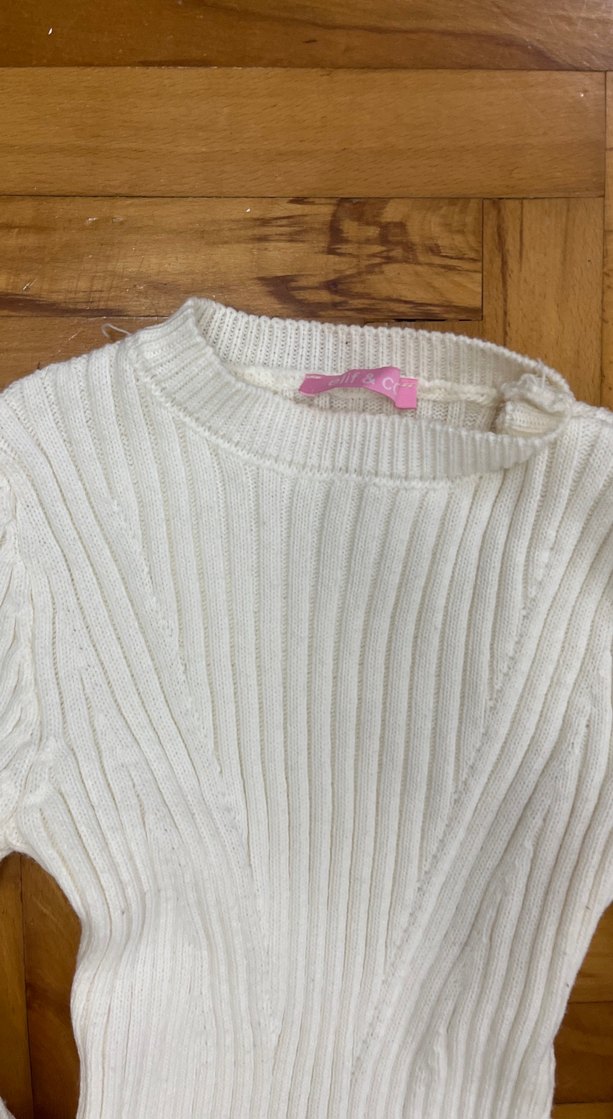 Beyaz Fitilli Uzun Kollu Triko Elbise - Görsel 3