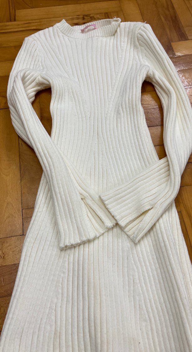Beyaz Fitilli Uzun Kollu Triko Elbise - Görsel 2