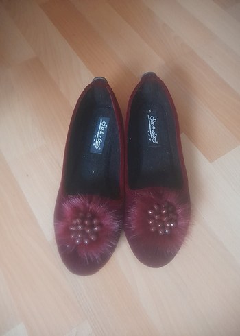 Bordo Kürklü Kadın Topuklu Babet - Görsel 2