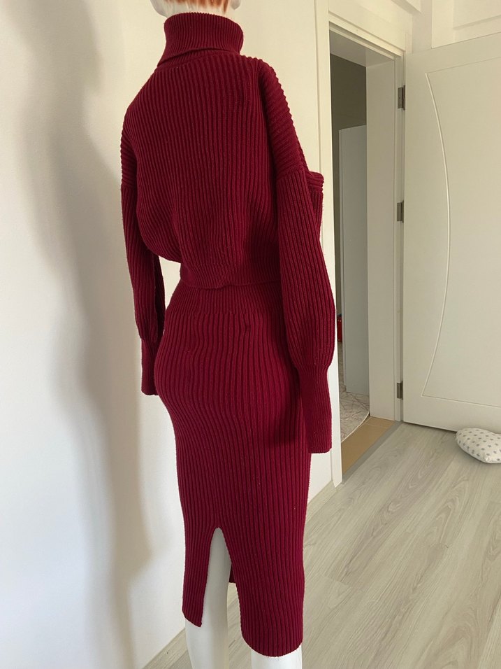 Bordo Yüksek Yakalı Uzun Triko Takım - Görsel 5
