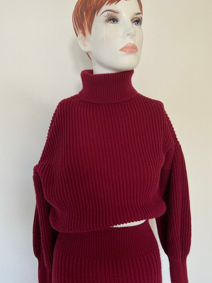 Bordo Yüksek Yakalı Uzun Triko Takım - Görsel 3