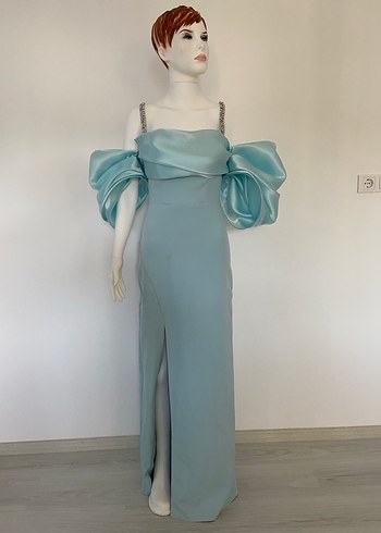 Turkuaz Drapeli Uzun Abiye Elbise - Görsel 3