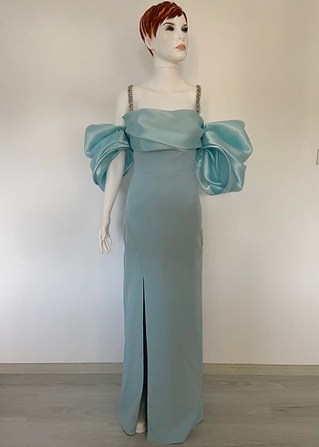 Turkuaz Drapeli Uzun Abiye Elbise - Görsel 2