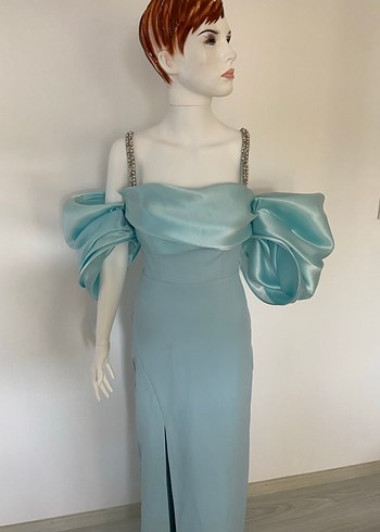 Turkuaz Drapeli Uzun Abiye Elbise - Görsel 4