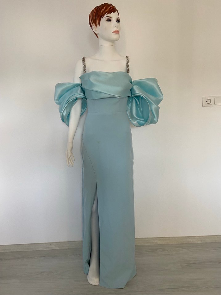 Turkuaz Drapeli Uzun Abiye Elbise - Görsel 3