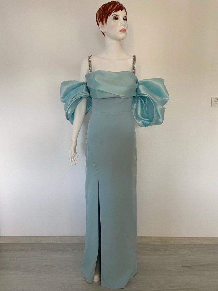 Turkuaz Drapeli Uzun Abiye Elbise - Görsel 2