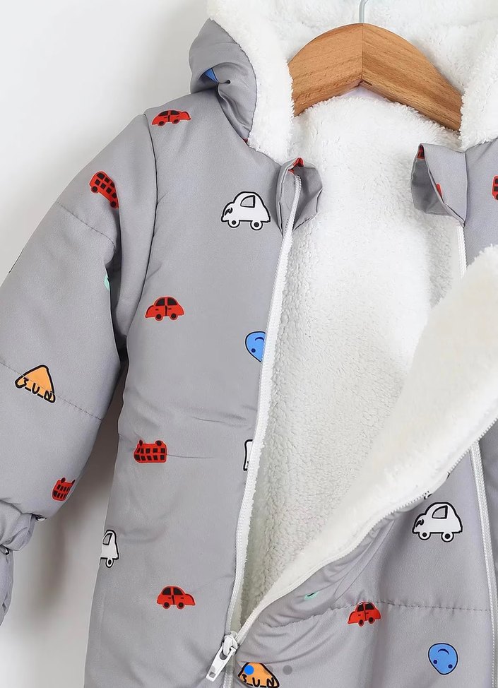 Gri Nakışlı Bebek Tulum, Kürklü Kapüşonlu - Görsel 2