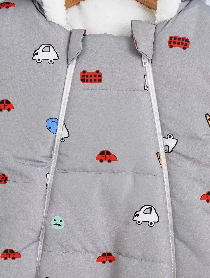 Gri Nakışlı Bebek Tulum, Kürklü Kapüşonlu - Görsel 3