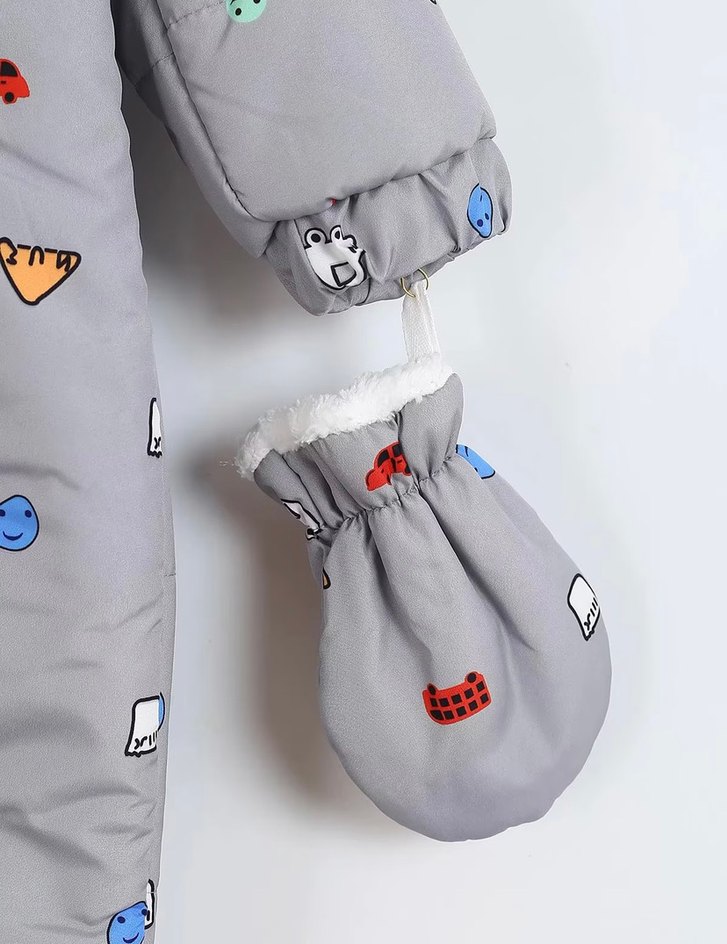 Gri Nakışlı Bebek Tulum, Kürklü Kapüşonlu - Görsel 4