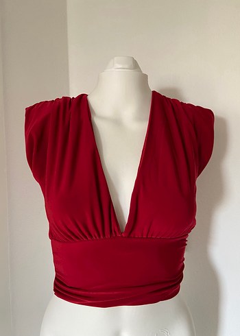 Kırmızı Drapeli V Yakalı Crop Top