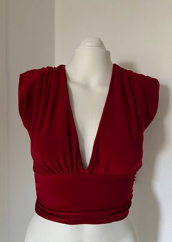 s Beden Kırmızı Drapeli V Yakalı Crop Top