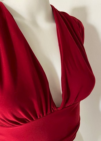 s Beden bordo Renk Kırmızı Drapeli V Yakalı Crop Top