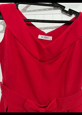 Kırmızı Midi Kemerli Abiye Elbise - Görsel 2